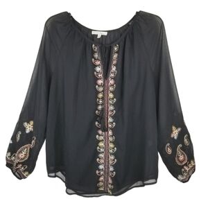 Moon & Meadow Floral Embroidered Balloon Sleeve Peasant top Blouse L Black Sheer